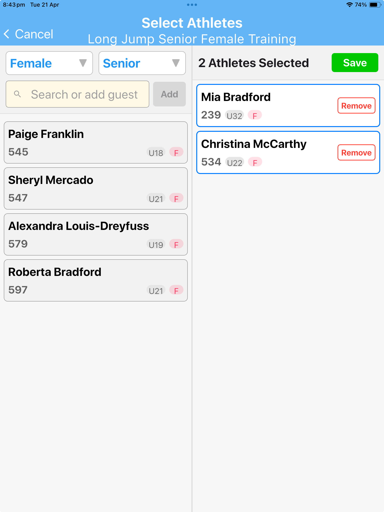 SplitFast Field Events App Select Athletes screen showing split view with available athletes on left and 2 selected on right